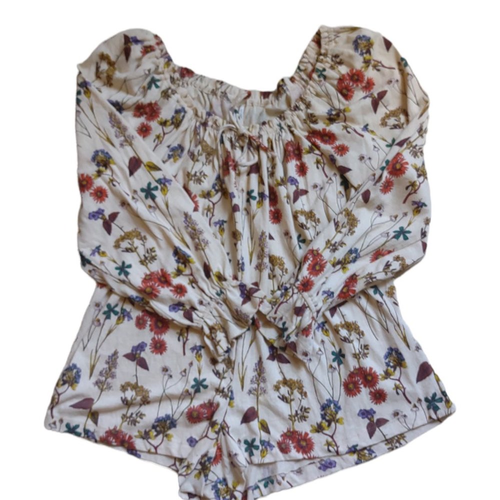 Anthropologie Puff Sleeved Boho Floral Romper Cream Fall Florals M NWT - Picture 6 of 16